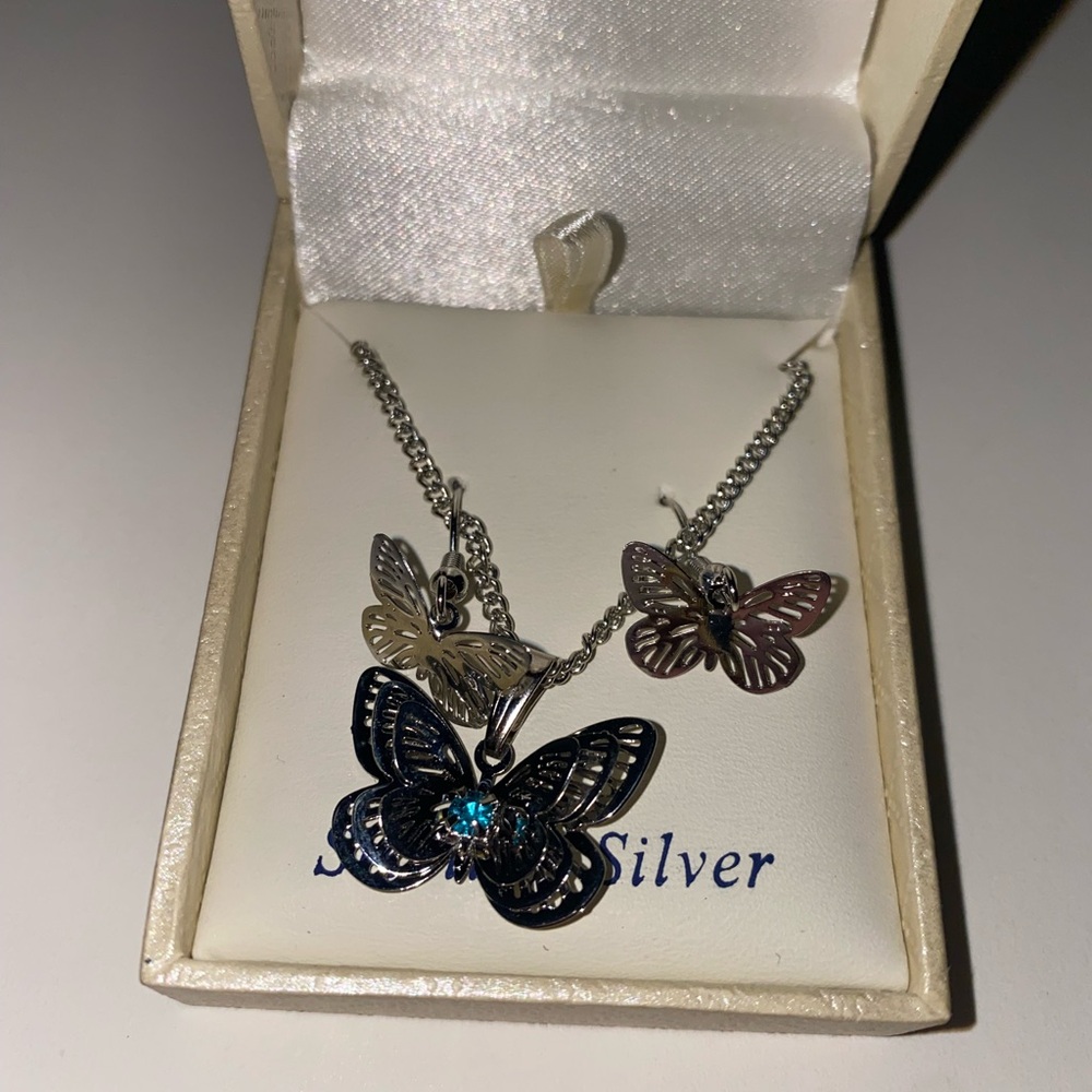 Sterling silver butterfly necklace and earrings set blue gemstone New In Box